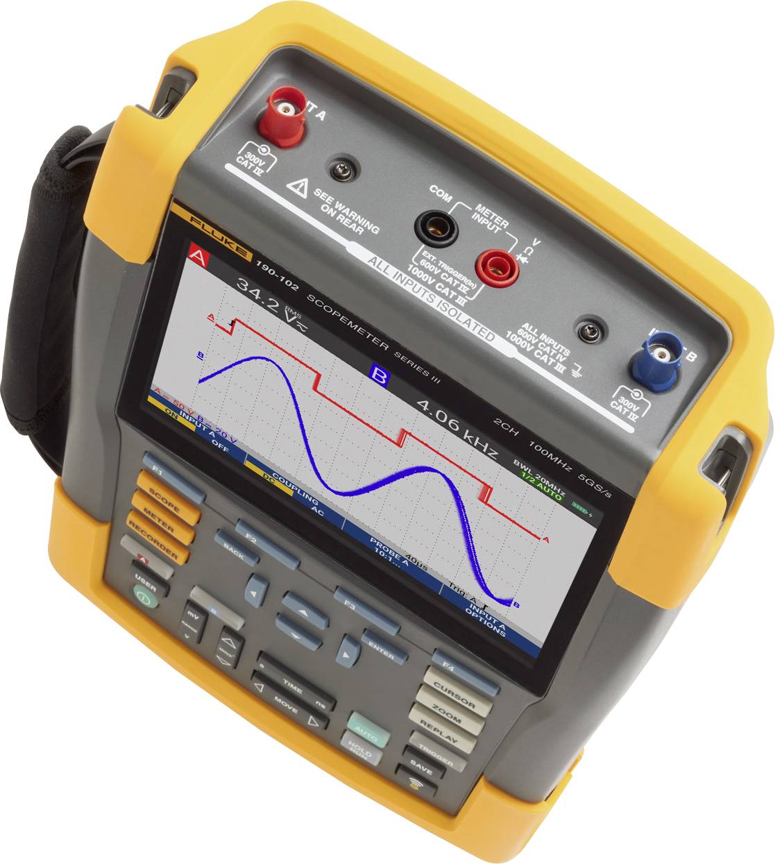 Een draagbaar oscilloscoop met een kleurenscherm dat een elektrische signaalvorm weergeeft. Het apparaat heeft oranje accenten.