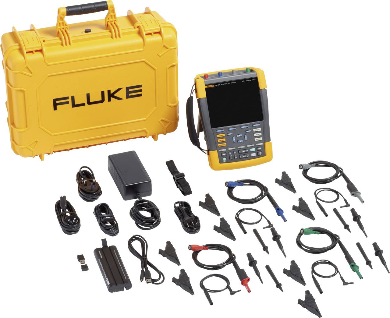 Een gele koffer met het opschrift 'Fluke', een draagbaar meetapparaat en verschillende kabels en toebehoren zijn afgebeeld.