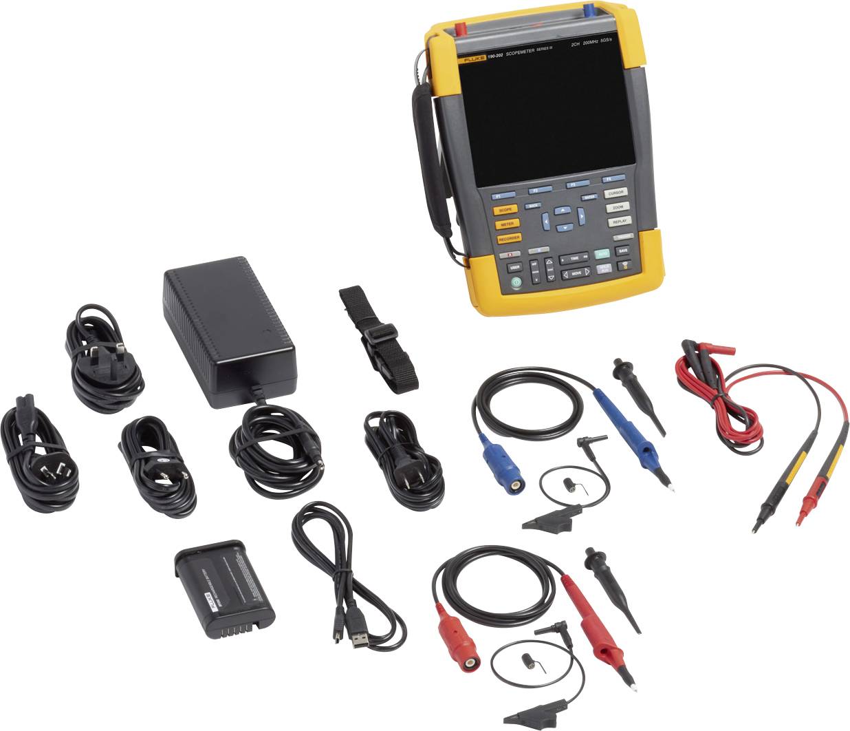 Een draagbaar oscilloscoop met toebehoren, inclusief kabels, meetpennen en een oplader. Ideaal voor elektrische metingen.