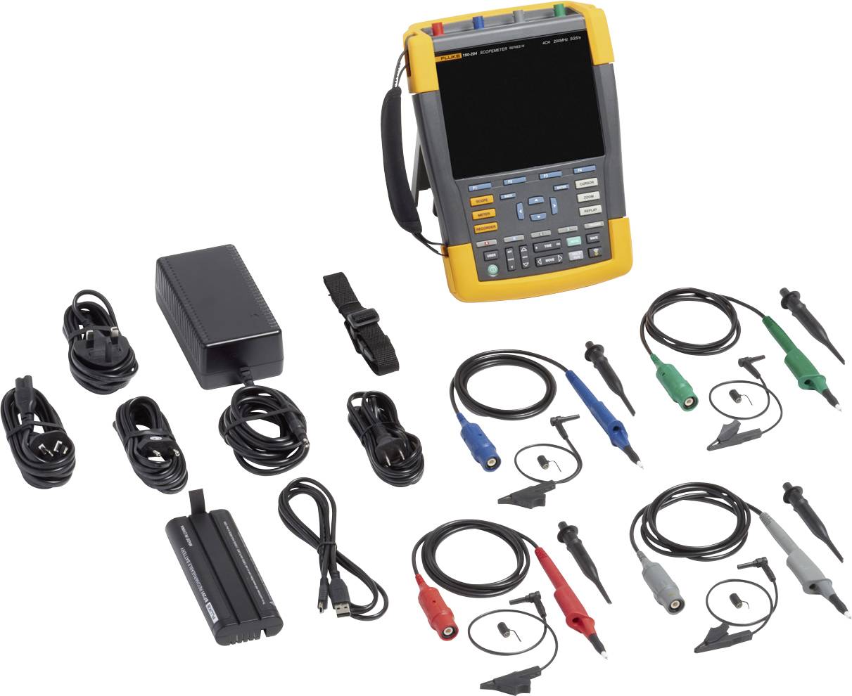 Draagbaar oscilloscoop met scherm en bedieningselementen; omringd door verschillende kabels, sondes en een voedingsadapter.