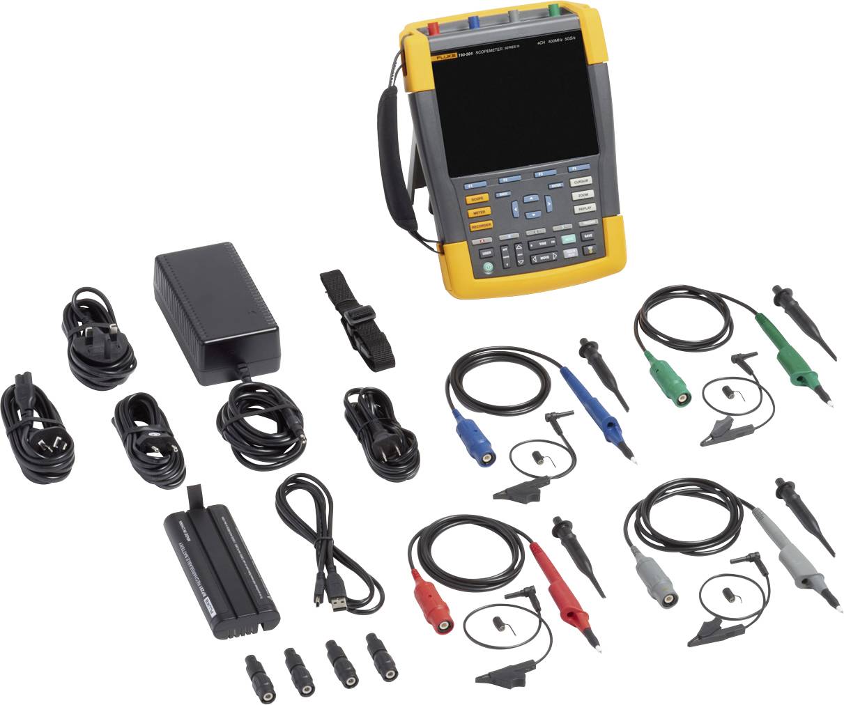 Een draagbaar oscilloscoop met scherm, omringd door verschillende kabels, sondes en een netadapter, alles op een witte achtergrond.