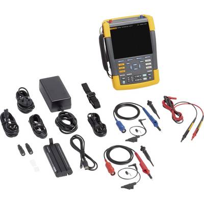 Elektronisch meetapparaat met beeldschermweergave, omringd door kabels en toebehoren, inclusief sondes en oplader.