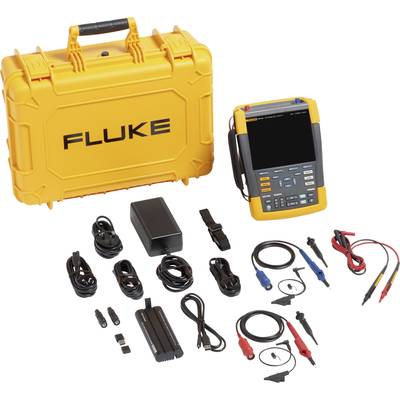 'Fluke' meetapparatuurset met gele koffer, oscilloscoop, kabels en toebehoren voor technisch testen en analyseren.