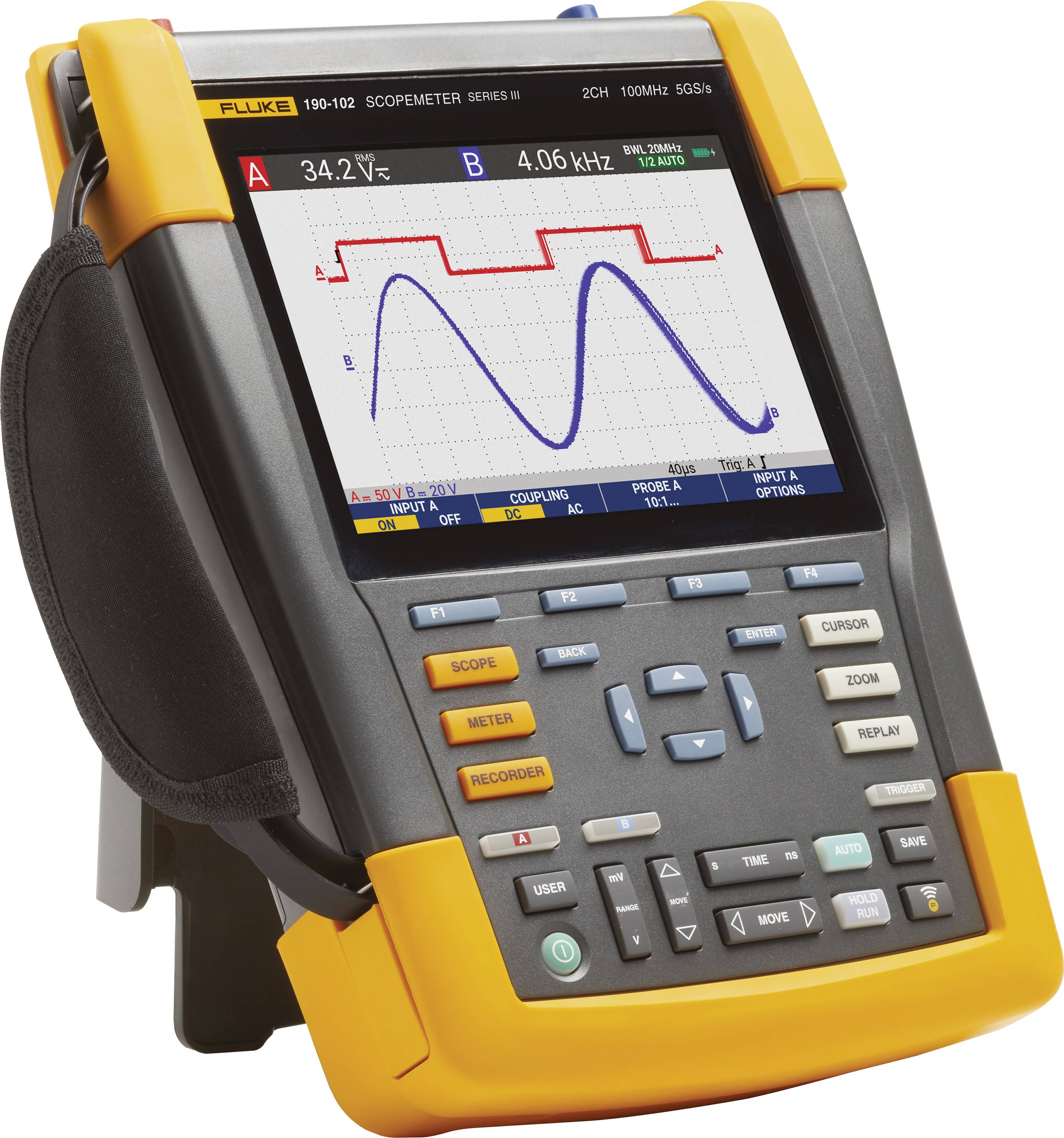 Een draagbaar oscilloscoop vertoont twee golfvormen. Kanaal A heeft 34,2 V, kanaal B heeft 4,06 kHz. Het display toont functies en menutoetsen.