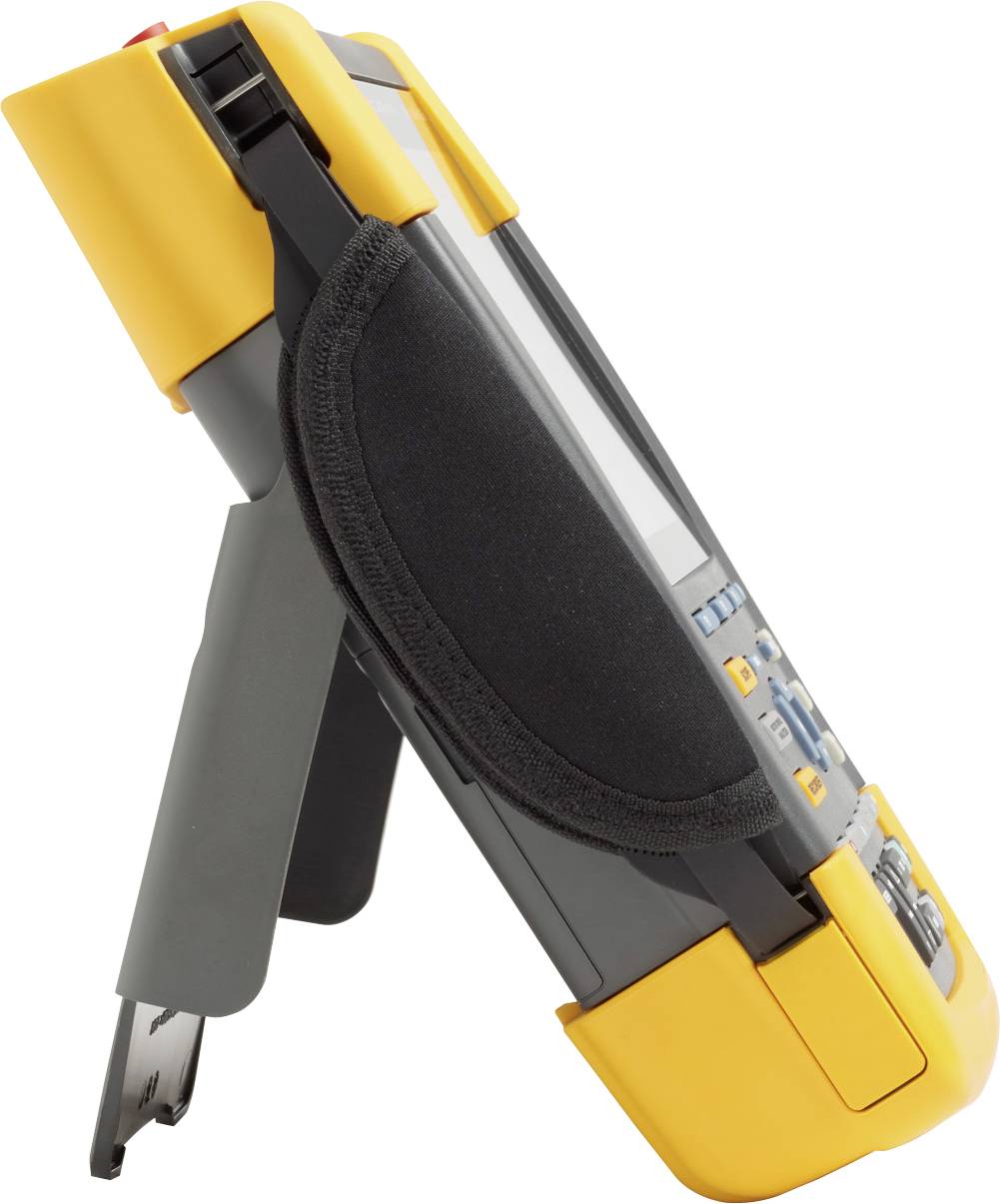 Een draagbaar, geel meetapparaat met standaard, gezien vanaf de zijkant. Het wordt gebruikt voor diagnose en analyse van elektronische schakelingen.