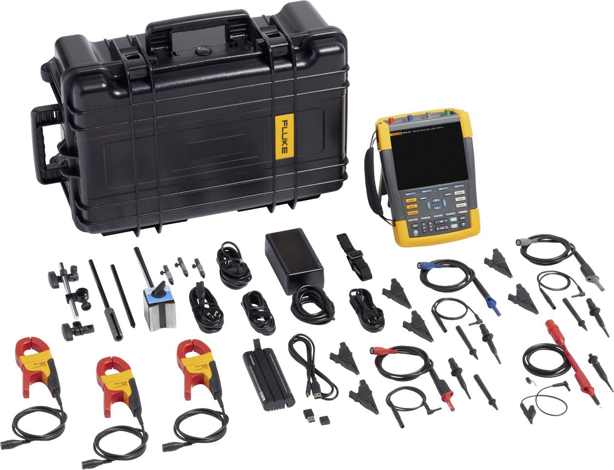 Koffer met meetapparatuur, kabels en toebehoren voor elektrotests. Bevat multimeter, klemmen, sondes en verbindingskabels. Ideaal voor elektrische metingen.