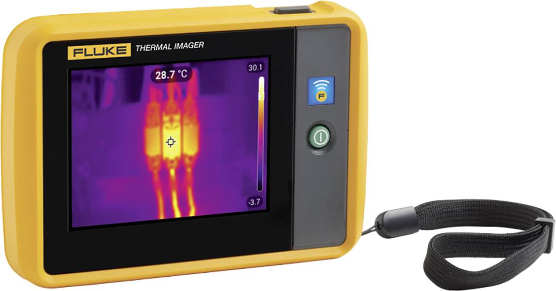Thermografiecamera toont een warmteweergave met temperatuurindicatie. Het display laat kleurverschillen zien voor het herkennen van warmtebronnen.