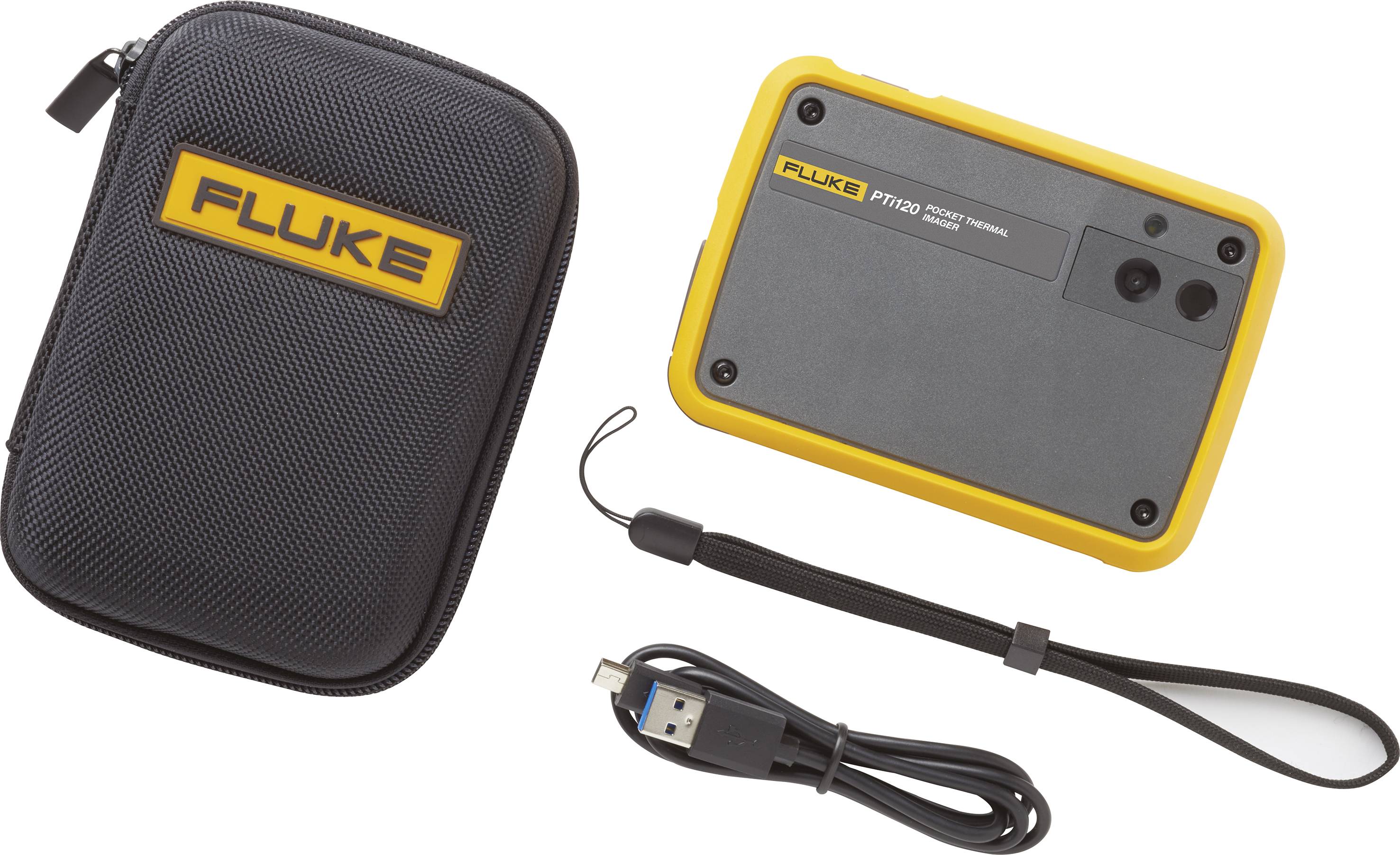 Draagtas met 'FLUKE'-logo, Fluke PR1000-apparaat en USB-kabel. Het apparaat wordt gebruikt voor elektronische metingen en diagnoses.