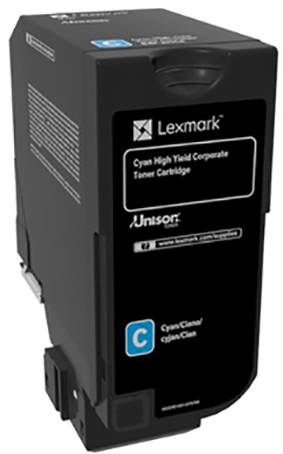 Een zwarte tonercartridge van Lexmark met blauwe en witte accenten. Tekst op de cartridge: 'Cyan High Yield Corporate TonerCartridge'.