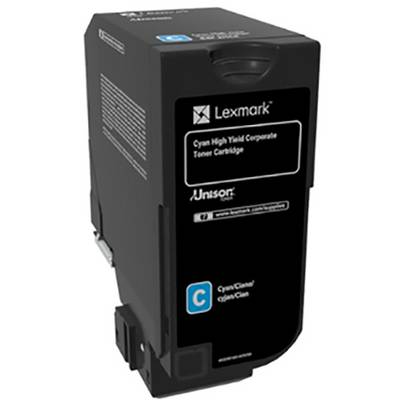 Een zwarte tonercartridge van Lexmark met blauwe en witte accenten. Tekst op de cartridge: 'Cyan High Yield Corporate TonerCartridge'.