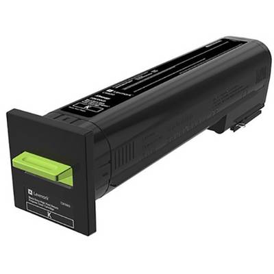 Zwarte tonercartridge met groene handgreep, vermoedelijk voor laserprinter. Productinformaties zijn in het wit aangegeven op de cartridge.