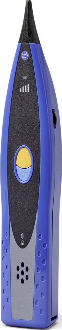Een blauw-zwart elektronisch apparaat met een gele knop, waarschijnlijk voor meting of detectie, staat rechtop.