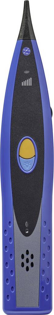 Een blauw, handmatig apparaat met een oranje knop in het midden, waarschijnlijk bedoeld voor bediening of meting.