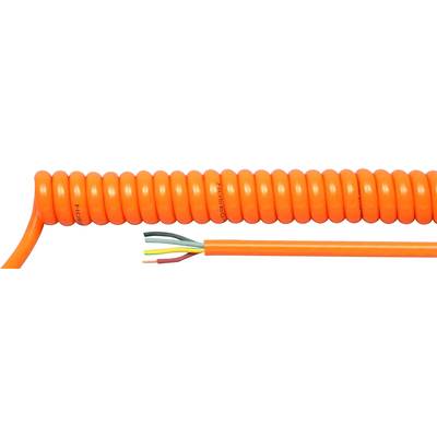 Oranje spiraalvormige kabel met ontbloot uiteinde dat vijf draden in verschillende kleuren toont.