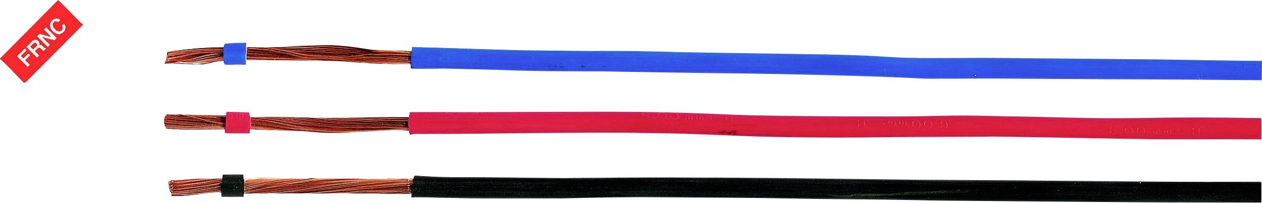 Drie geïsoleerde elektrische kabels in blauw, rood en zwart.