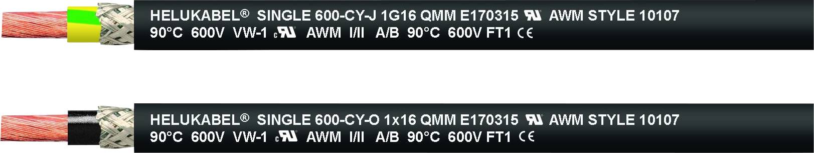 Twee zwarte kabels met witte opdrukken; bovenaan: 'HELU KABEL SINGLE 600-CY'; onderaan: identieke aanduiding met lichte afwijkingen.