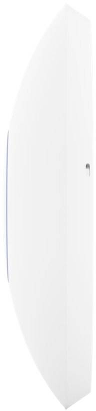 Zijaanzicht van een plat, wit apparaat met afgeronde randen.