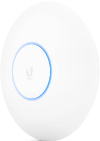Witte, ronde WiFi-toegangspunt met blauwe verlichtingsring in het midden. Het Ubiquiti-logo is zichtbaar. Apparaat voor het uitbreiden van de WiFi-dekking.
