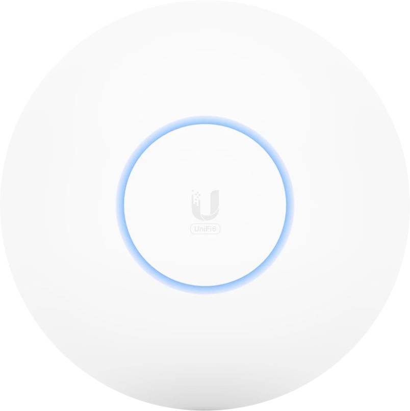 Rond wifi-access point-apparaat met een blauw oplichtende LED-ring in het midden, waarschijnlijk van Ubiquiti, op een witte achtergrond.