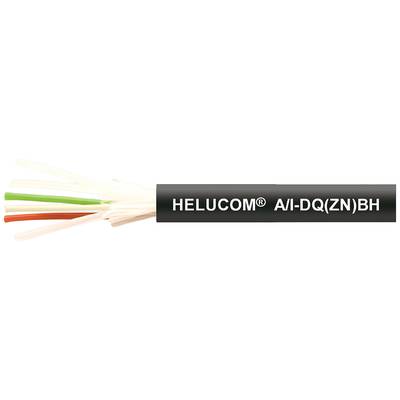 Glasvezelkabel met opschrift 'HELUCOM A/I-DQ(ZN)BH', dat verschillende gekleurdeaders laat zien. Geschikt voor telecommunicatietoepassingen.