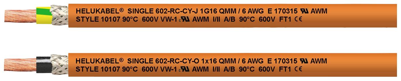 Twee oranje elektrische kabels met zwarte tekst en leidingspecificaties die de doorsnede en temperatuurtolerantie van de kabel aangeven.