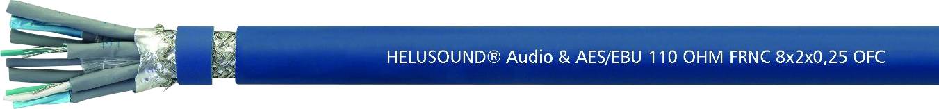 Blauw audiokabel met opschrift 'HELIOSOUND® Audio & AES/EBU 110 OHM FMK 8x2x0,25 CPC'. Meeraderig ontwerp voor betrouwbare verbinding.
