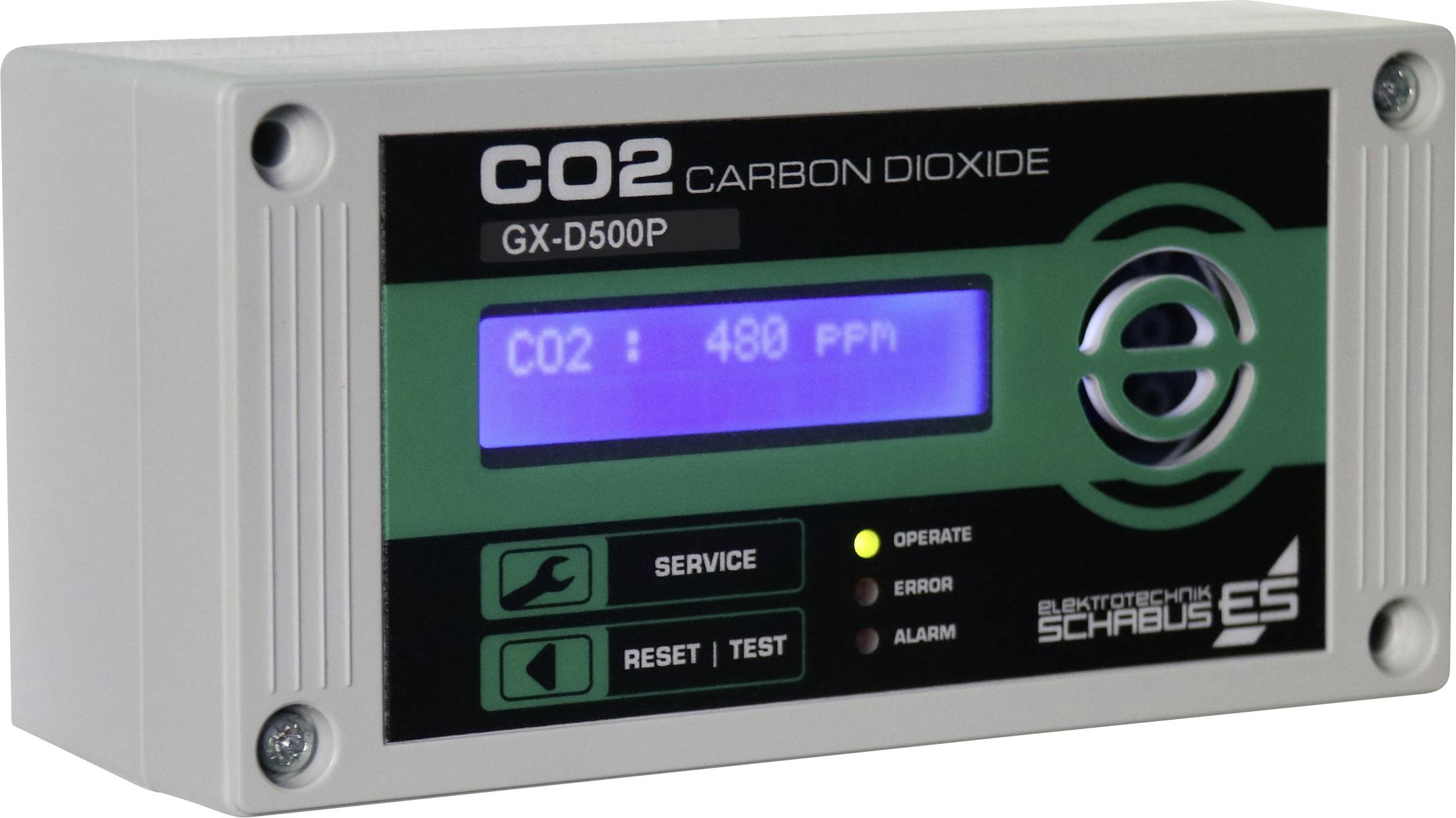 CO2-meetapparaat toont 'CO2 = 480 PPM'. Display voor bedrijf, storing en alarm. Dient voor het meten van de kooldioxide-concentratie.
