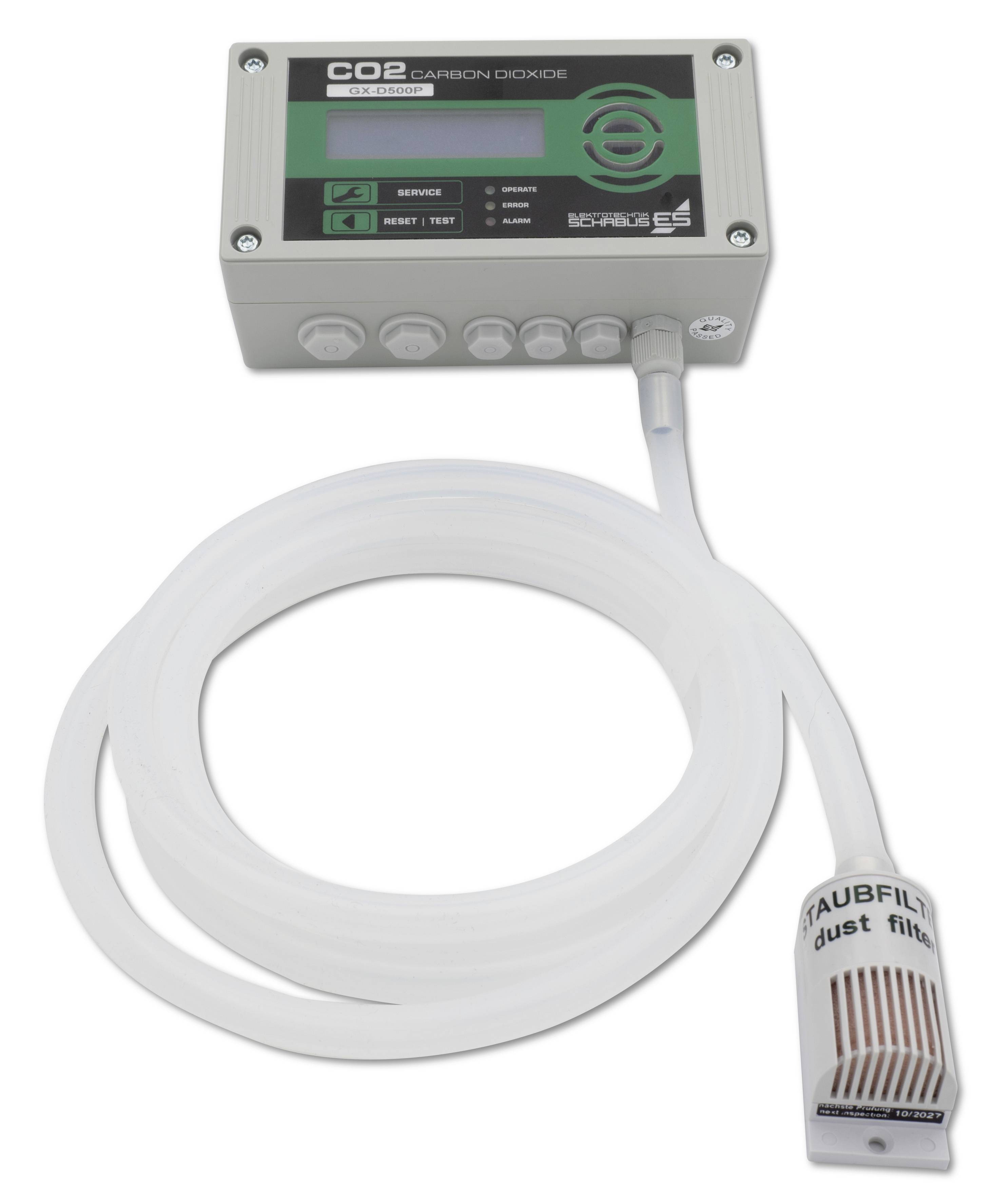 CO2-meetapparaat met digitaal display en stofFilter, voor het bewaken van kooldioxide-waarden in binnenruimtes. Bevat bedieningsknoppen.