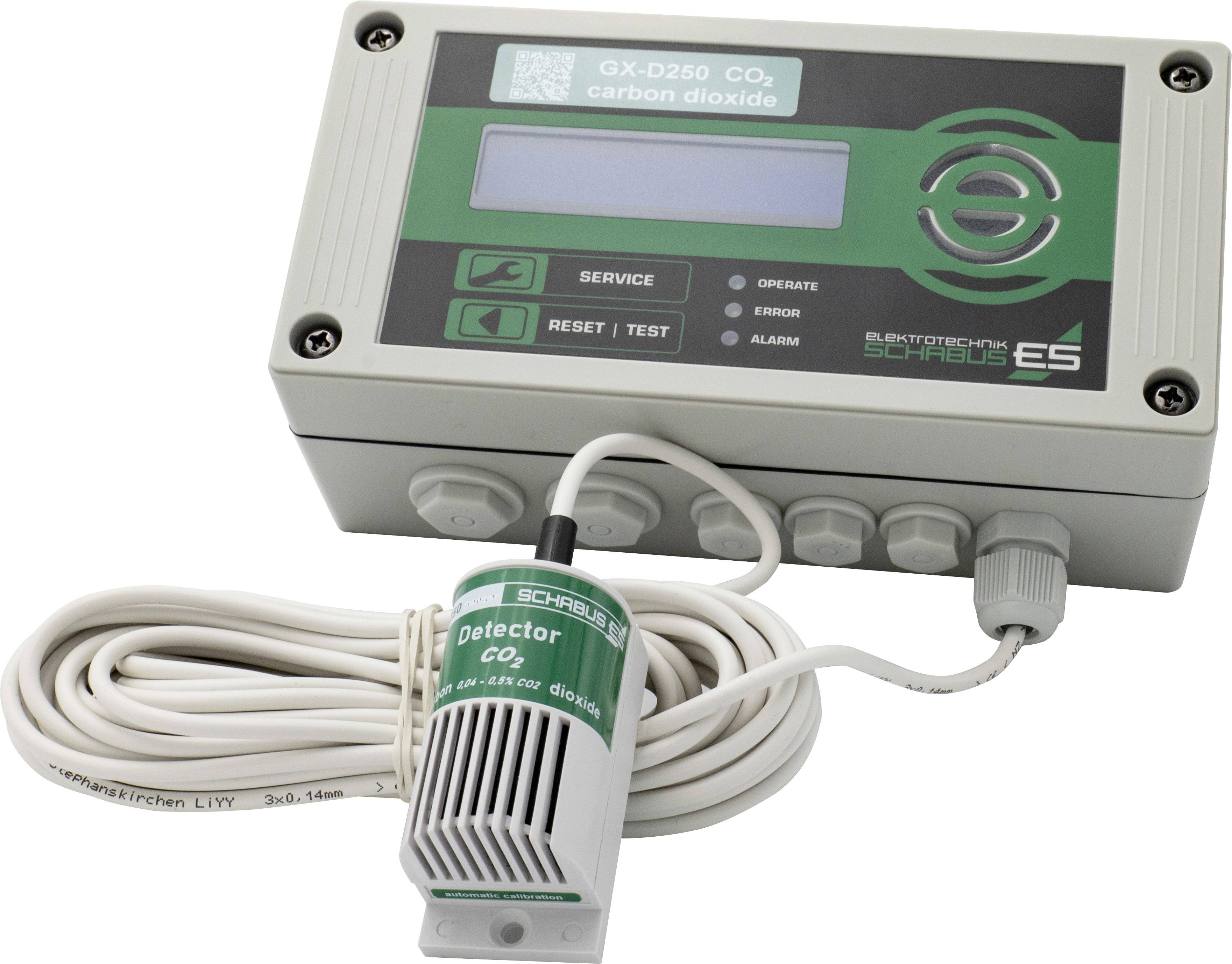 Kooldioxide detectoreenheidbesturingsstation met LCD-display en bevestigde sensorprobe, met labels 'SERVICE' en 'RESET/TEST'.