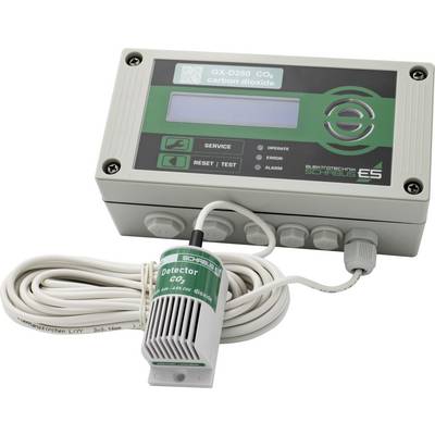 Kooldioxide detectoreenheidbesturingsstation met LCD-display en bevestigde sensorprobe, met labels 'SERVICE' en 'RESET/TEST'.