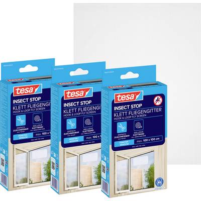 Drie blauwe tesa Insect Stop klittenband vliegenscherm-pakketten, met raamscherm-sets voor insectenbescherming.