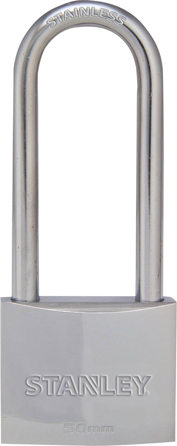 Een zilveren hangslot van roestvrij staal van Stanley, met een lange beugel en een breedte van 50 mm.
