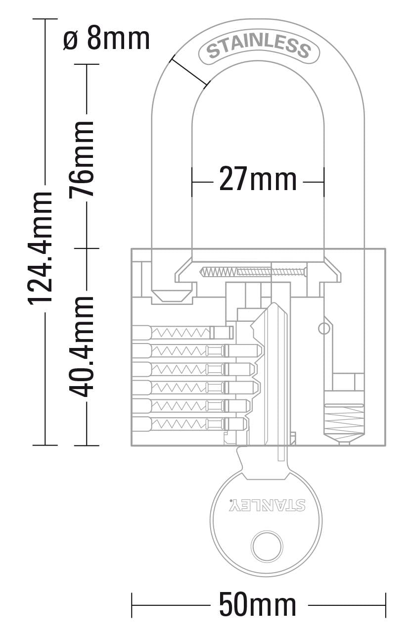 'Technische tekening van een hangslot van roestvrij staal met zichtbare mechanismen en afmetingen: hoogte 124,4 mm, breedte 50 mm.'