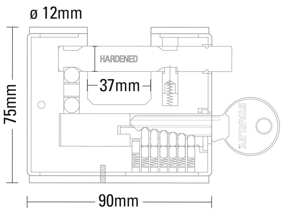 Een technische tekening van een hangslot toont het binnenwerk en afmetingen: 75mm x 90mm, met een dikte van 12mm.