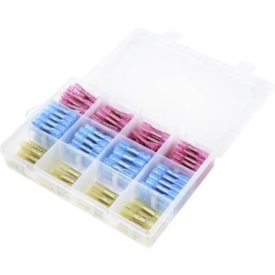 Een transparante doos met vakken die roze, blauwe en gele connectoren bevat, gerangschikt per kleur.
