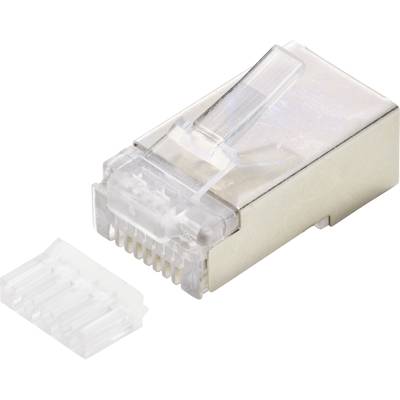 Een RJ45-stekker met een afneembaar, transparant kunststof beschermkapje op een neutrale achtergrond.
