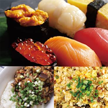 Een selectie sushi, waaronder Nigiri met zalm en tonijn, evenals Maki met zee-egel en zalmkaviaar, naast twee kommen Donburi.