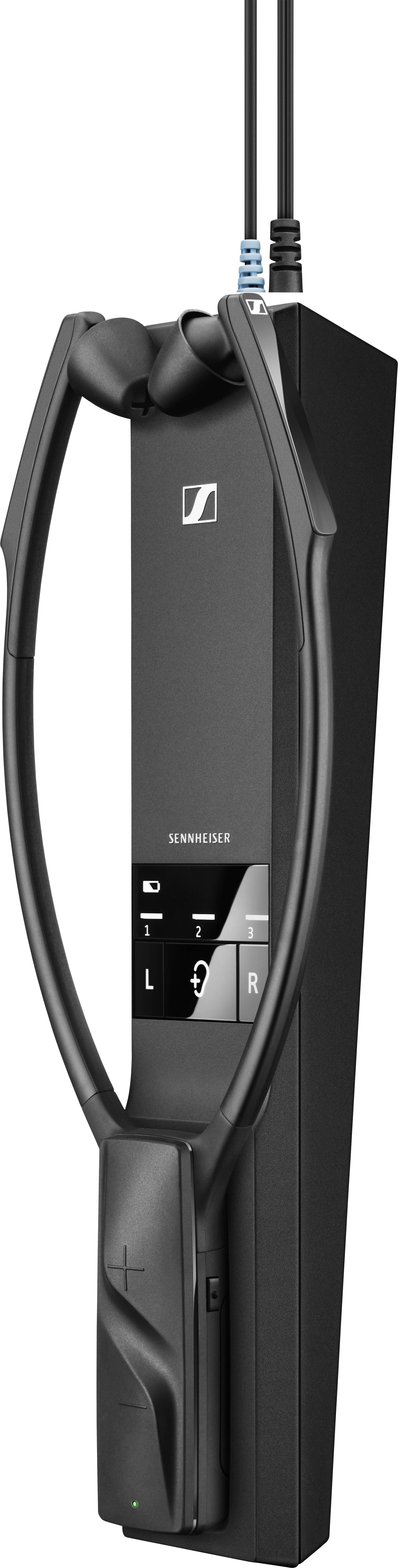 Draagbaar audiosysteem in het zwart, met bedieningselementen aan de voorkant en kabelaansluiting bovenaan, voor draadloze geluidsweergave.