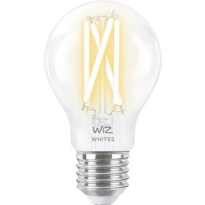 Een witte LED-gloeilamp met warm schijnend filament en het opschrift 'WiZ Whites'.