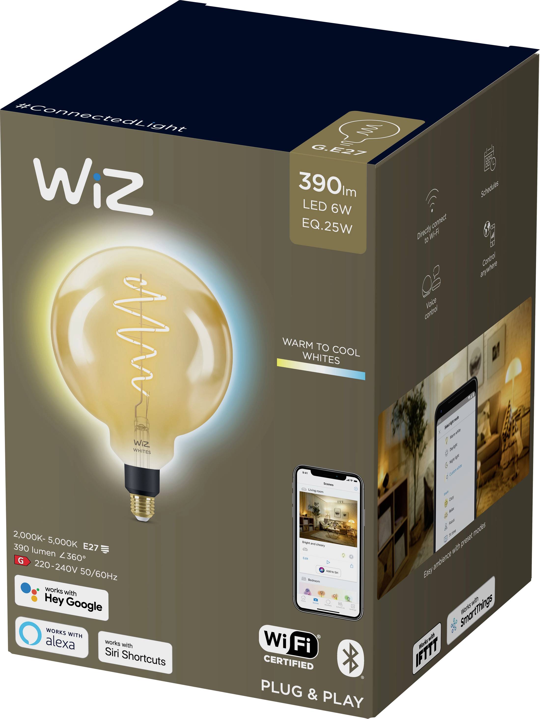 De afbeelding toont de verpakking van een WiZ LED-lamp. Hij levert 390 lumen, is compatibel met spraakassistenten en beschikt over WiFi-functionaliteit.