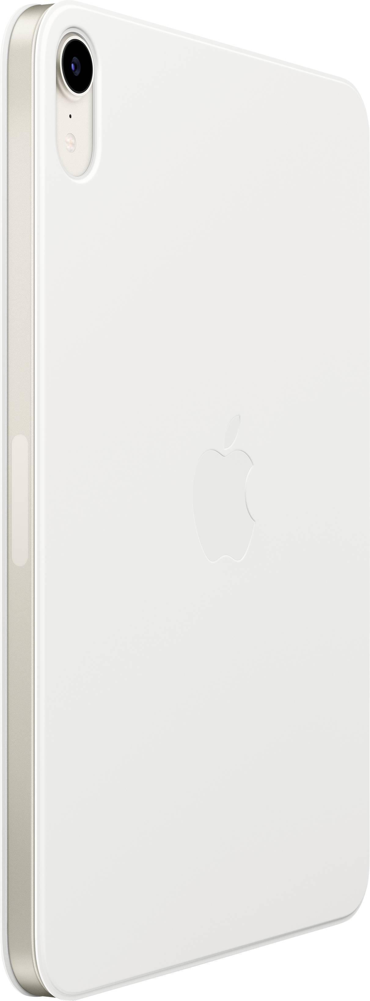 Een tablet in zilver met Apple-logo op de achterkant, getoond vanuit een zijdelingse hoek.