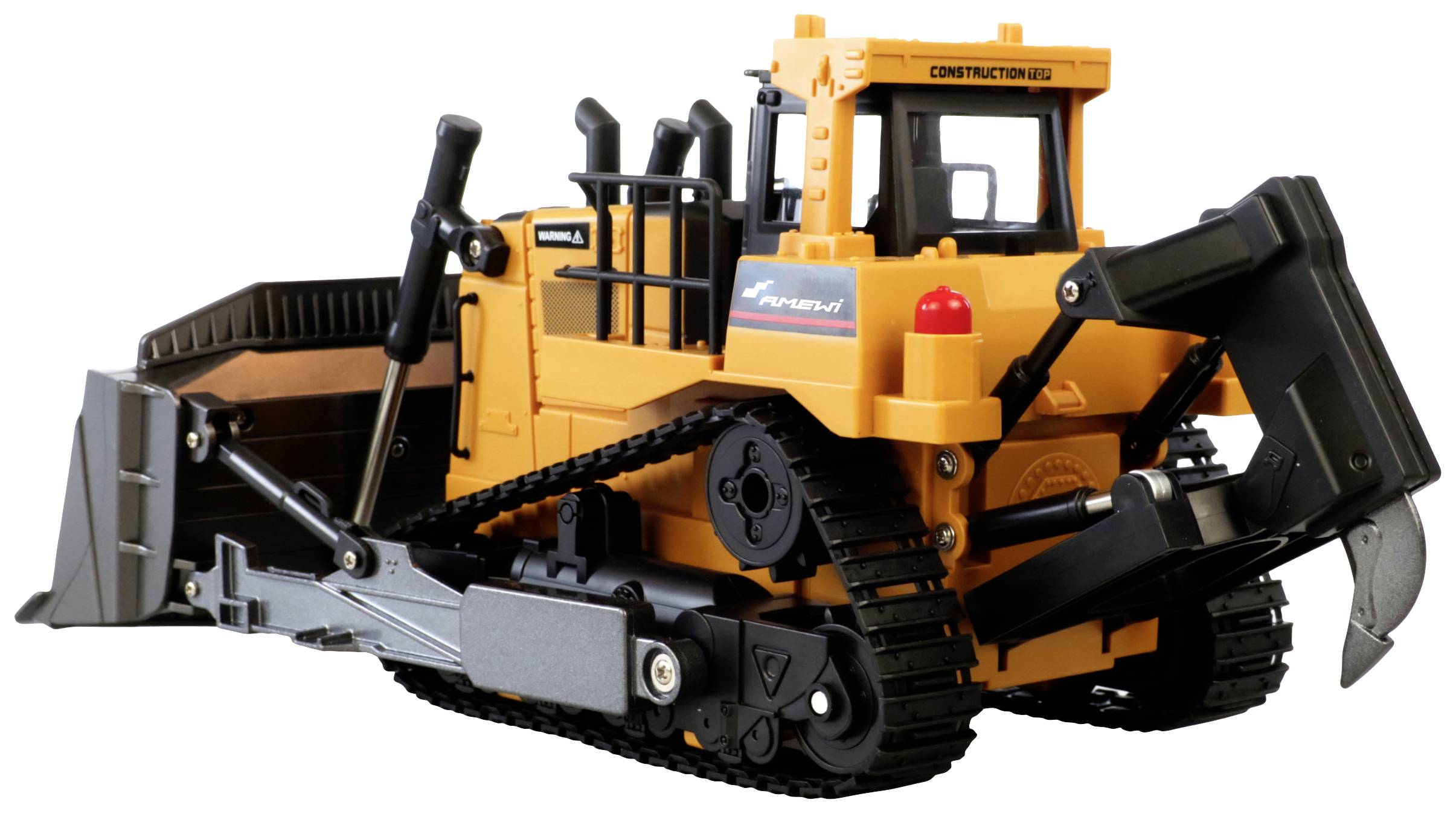 Een geel kettingdozer-model met een schop en ripper, een typisch apparaat voor bouwwerkzaamheden, op een witte achtergrond.