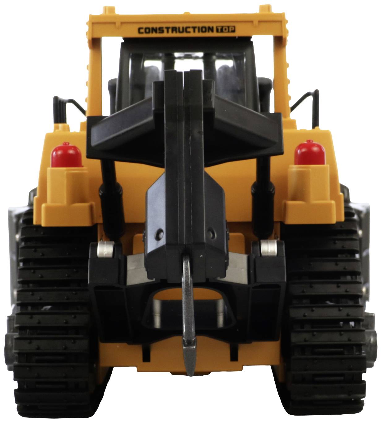 Een gele speelgoed graafmachine van voren gezien, met zwarte rupsbanden en rode signaalverlichting. Bovenaan staat 'CONSTRUCTION'.