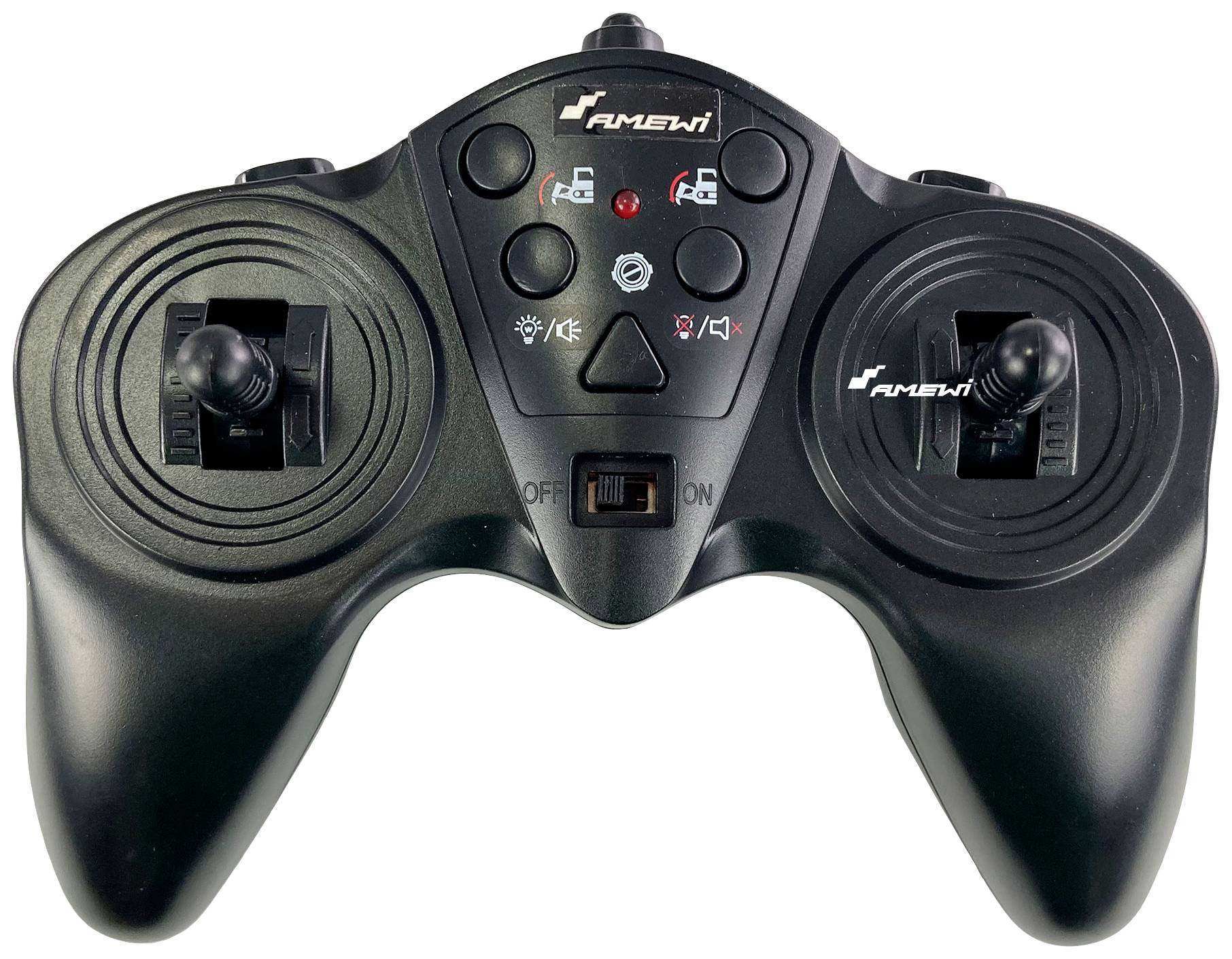 Zwarte RC-controller met twee besturingshendels en meerdere knoppen in het midden, geschikt voor het besturen van drones of RC-voertuigen.