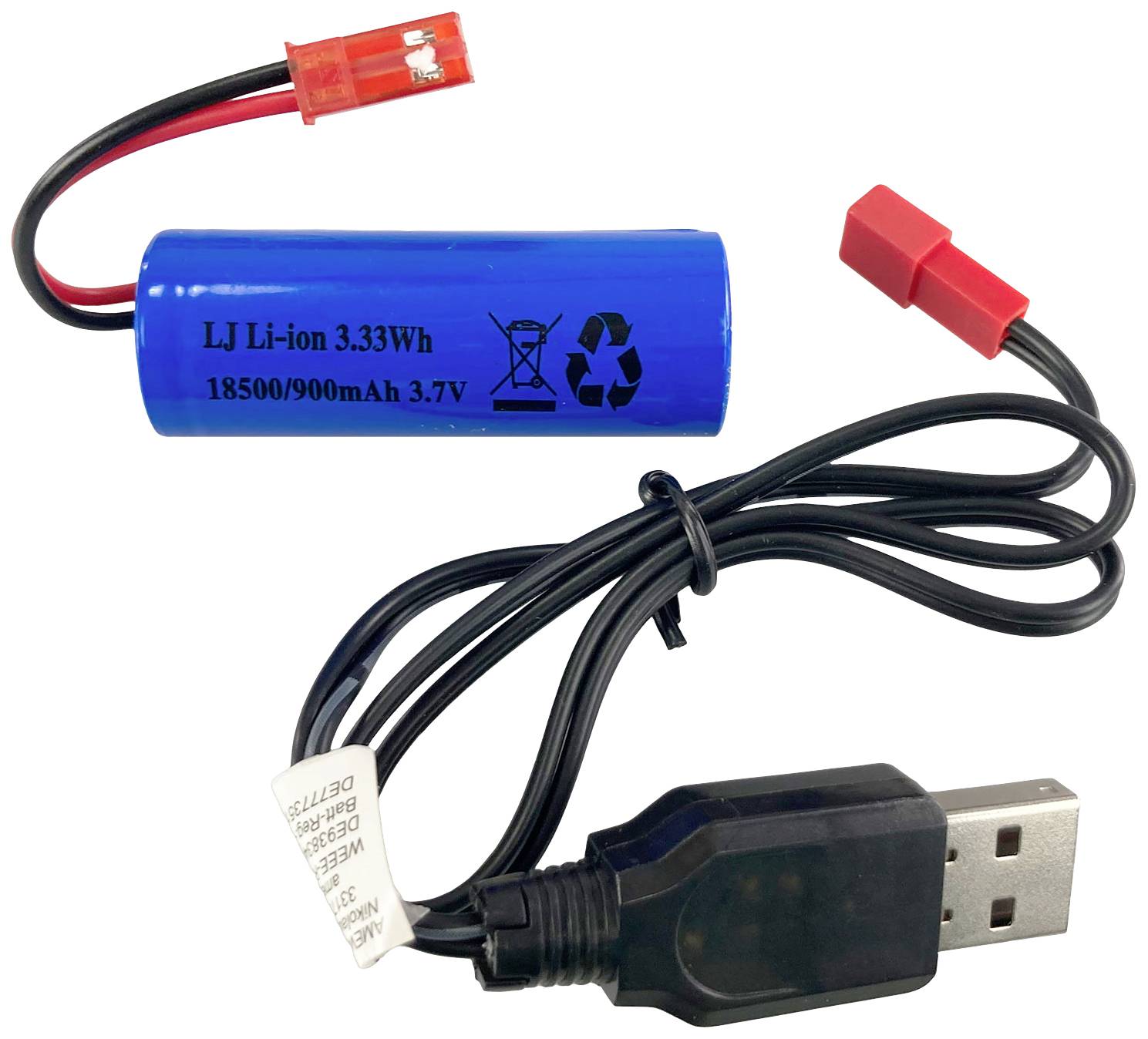 Blauwe lithium-ion accu met USB-laadkabel en rode aansluitstekker. Opschrift: '3,33Wh 18500/900mAh 3,7V'.
