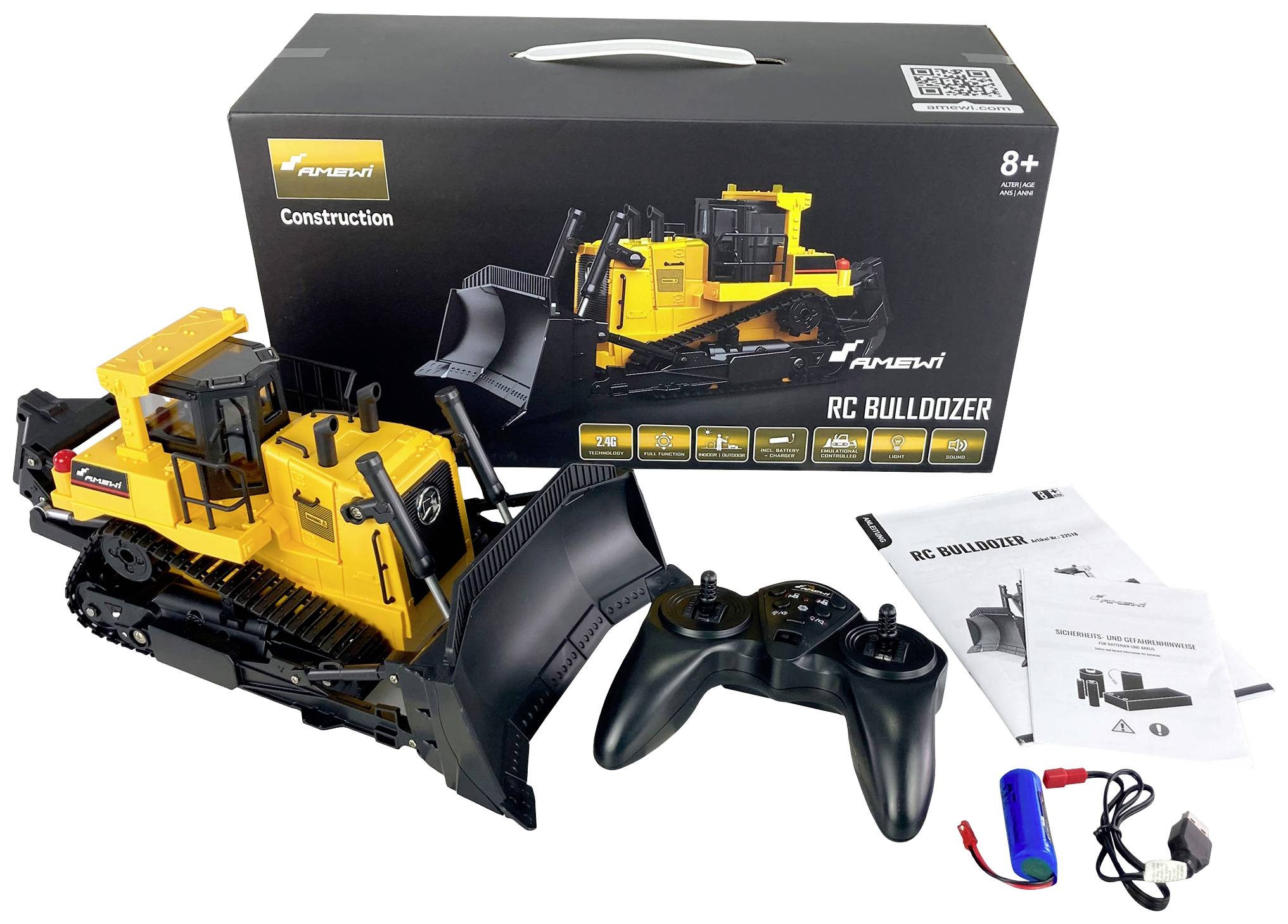 Afstandbestuurbare gele speelgoed-bulldozer naast afstandsbediening, verpakking en toebehoren. Verpakking toont afbeelding van de bulldozer. Geschikt voor kinderen vanaf 8 jaar.