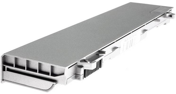 Grijs-zilver rechthoekig batterijmodule met gegroefd handvat aan de zijkant. Vorm geschikt voor elektronische apparaten.