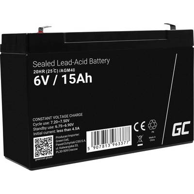 'Verzegelde Loodaccu', 6V, 15Ah, voor constante spanningsoplading, met QR-code en fabrikantgegevens op de voorzijde.