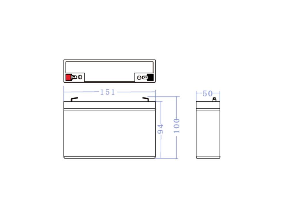 Technische tekening van een batterij. Vooraanzicht met afmetingen: breedte 151 mm, hoogte 94 mm; zijaanzicht: diepte 50 mm.