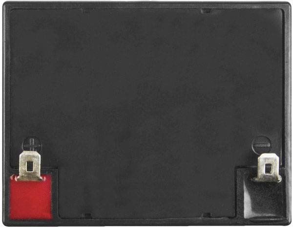 Een zwarte batterij met twee metalen contactpunten. Eén contactpunt is rood gemarkeerd en de andere zwart. Ideaal als vervangingsonderdeel.